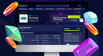 Laptop showing Koru casino review on Nightrush website.