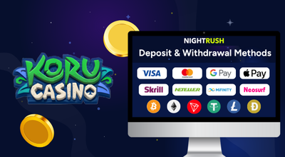 Laptop showing payment methods, koru casino logo.
