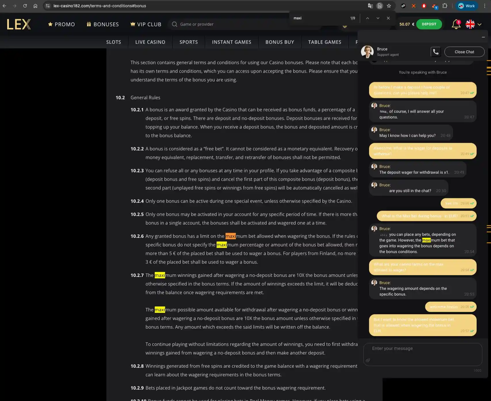 Lex Casino general rules and live chat