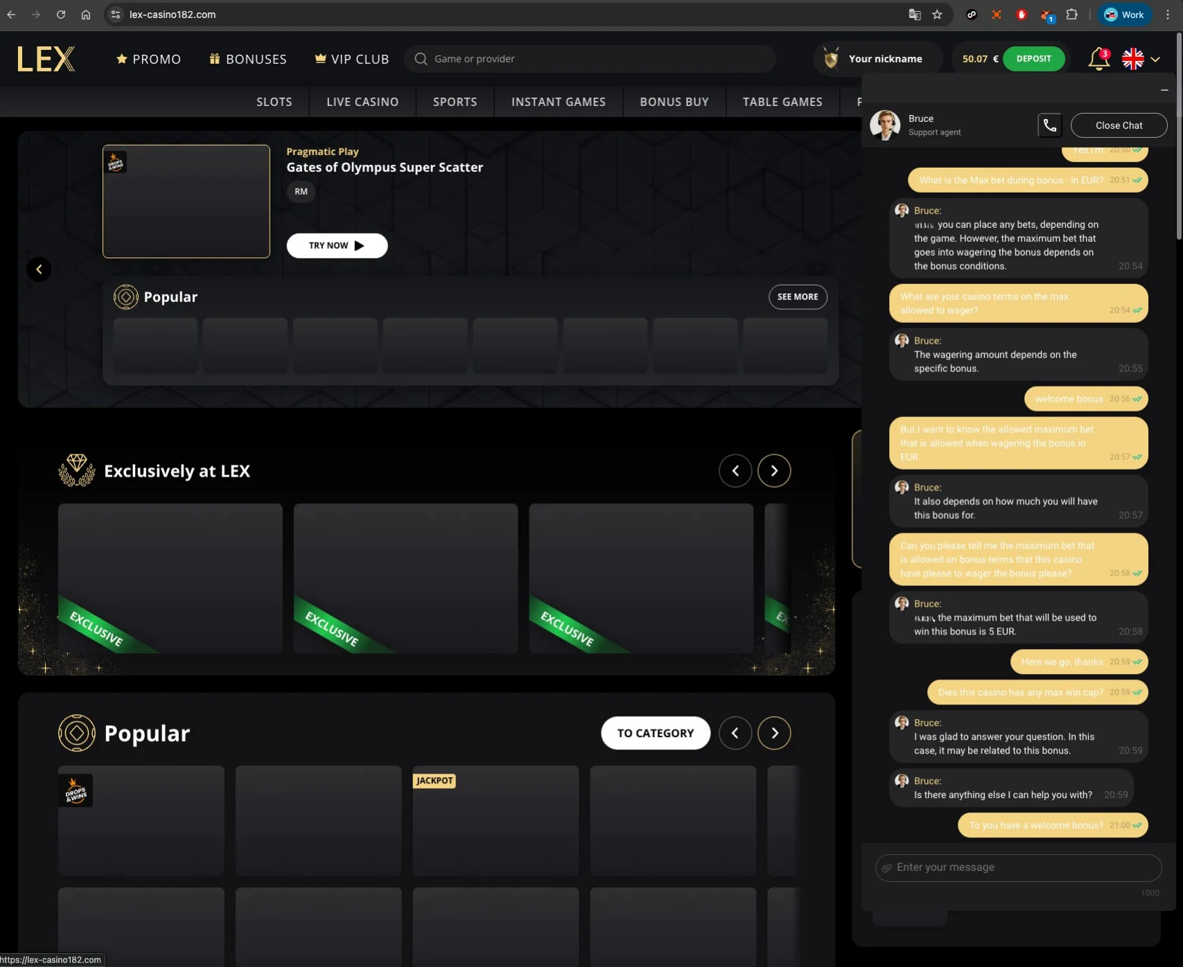 Lex Casino homepage bonus chat