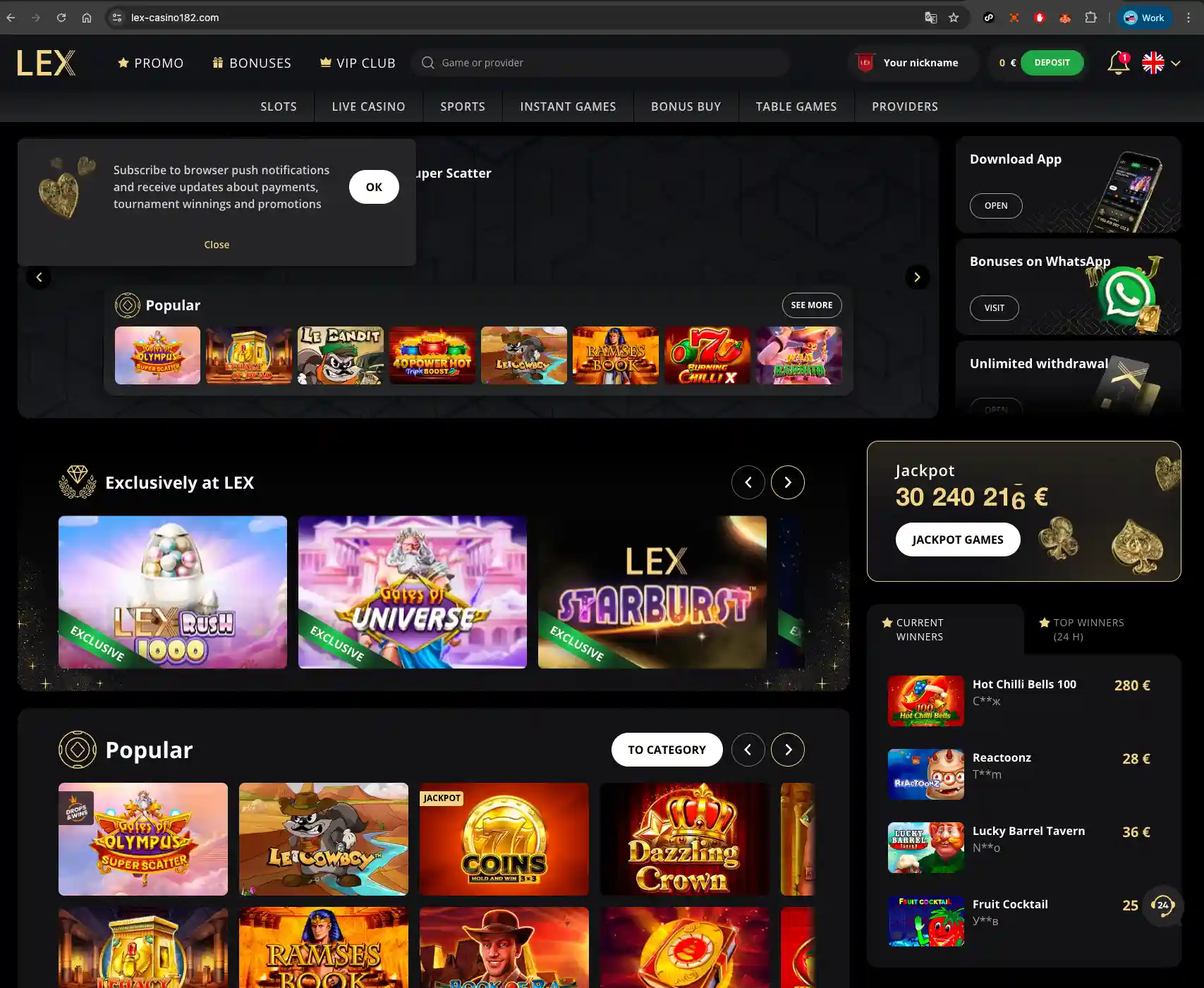 Lex Casino homepage