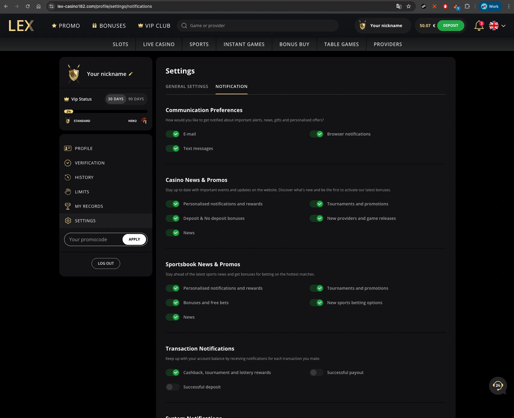 Lex Casino notification page