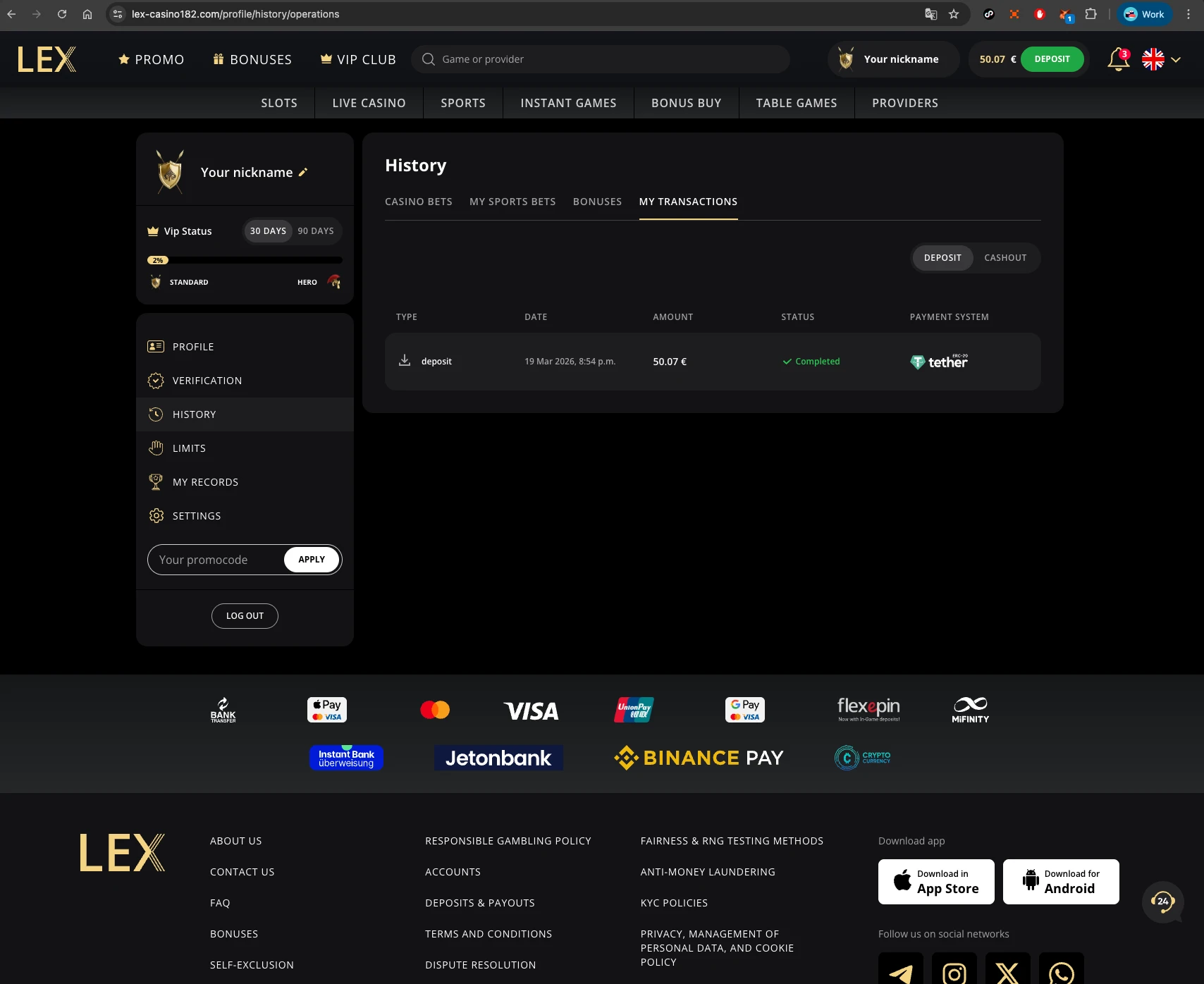 Lex Casino payment history
