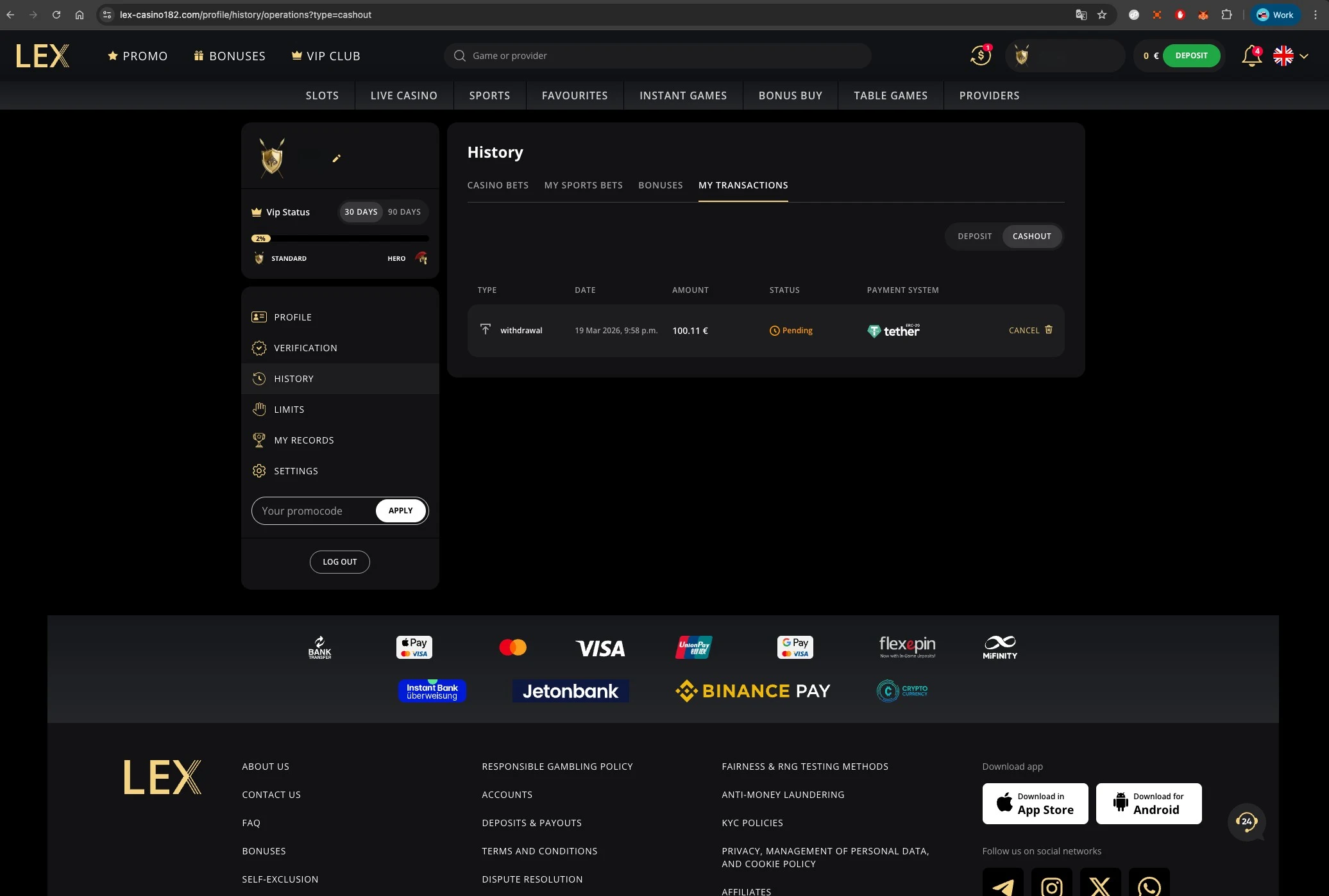 Lex Casino payment history
