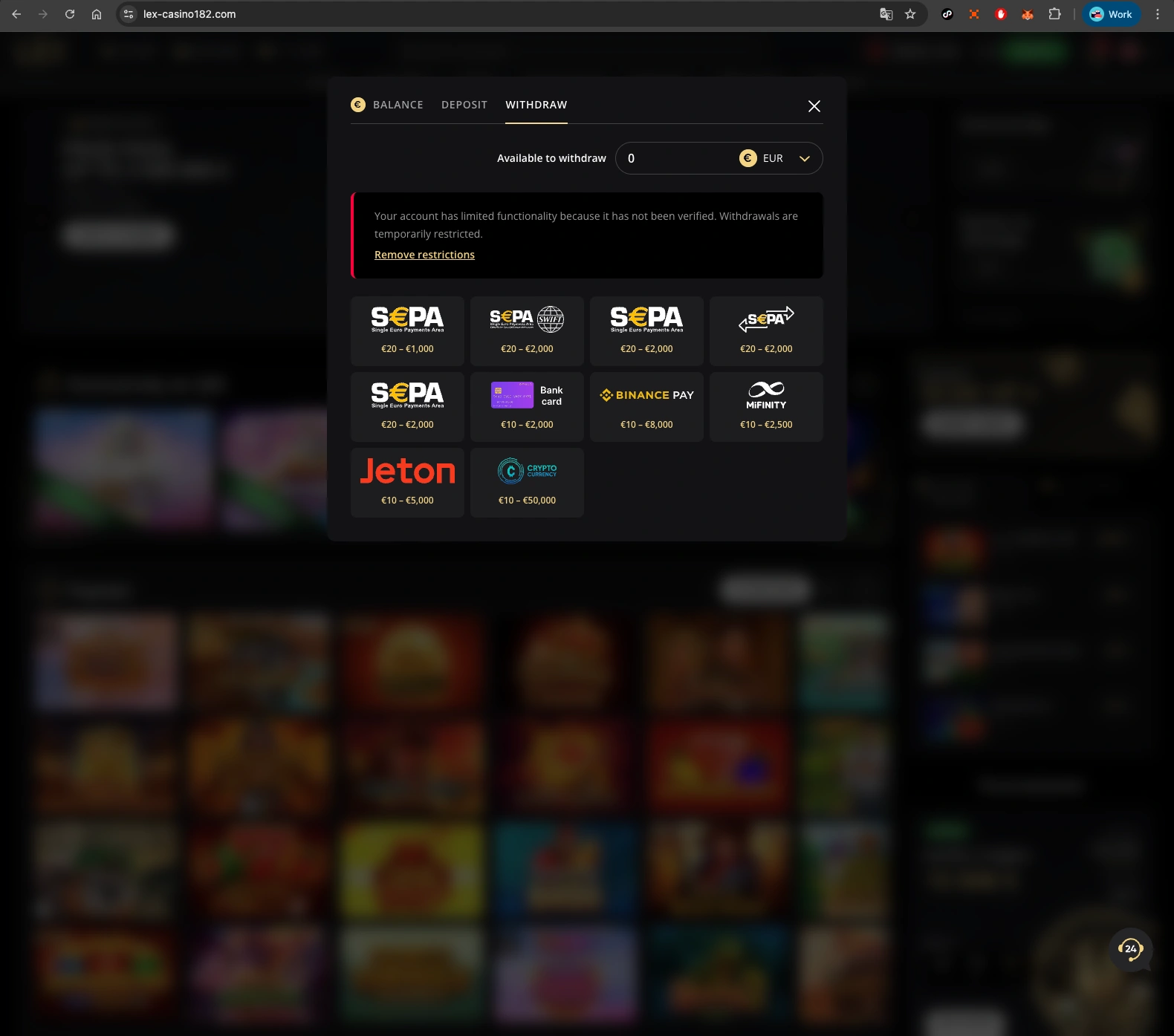 Lex Casino withdrawal methods