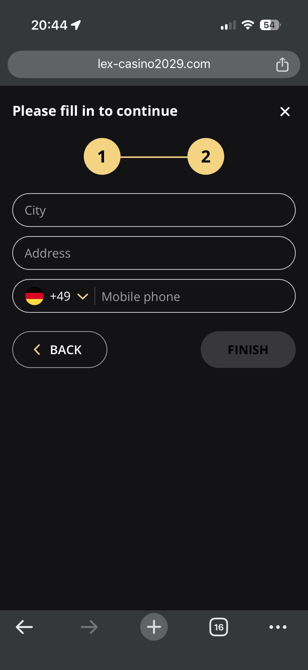 Lex Casino account information page