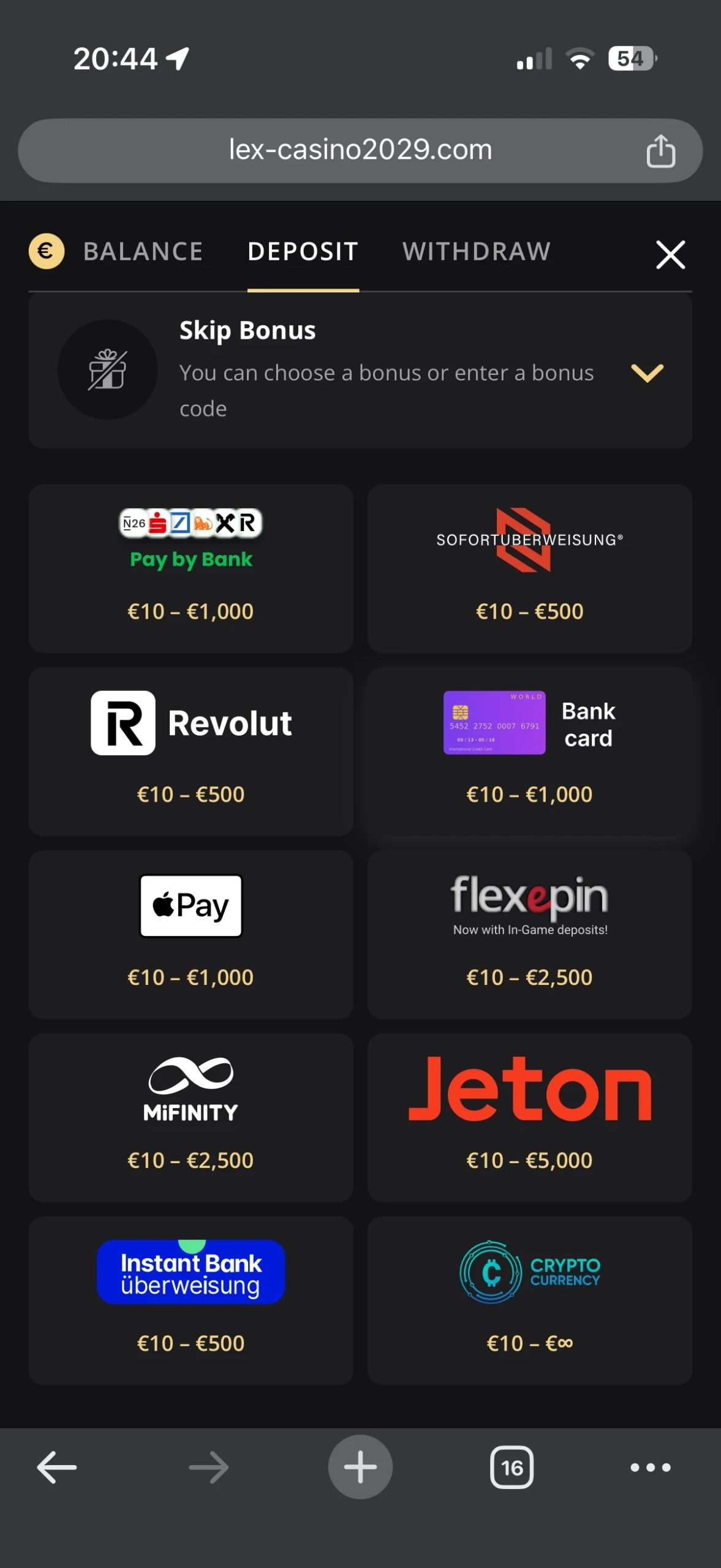 Lex Casino deposit methods