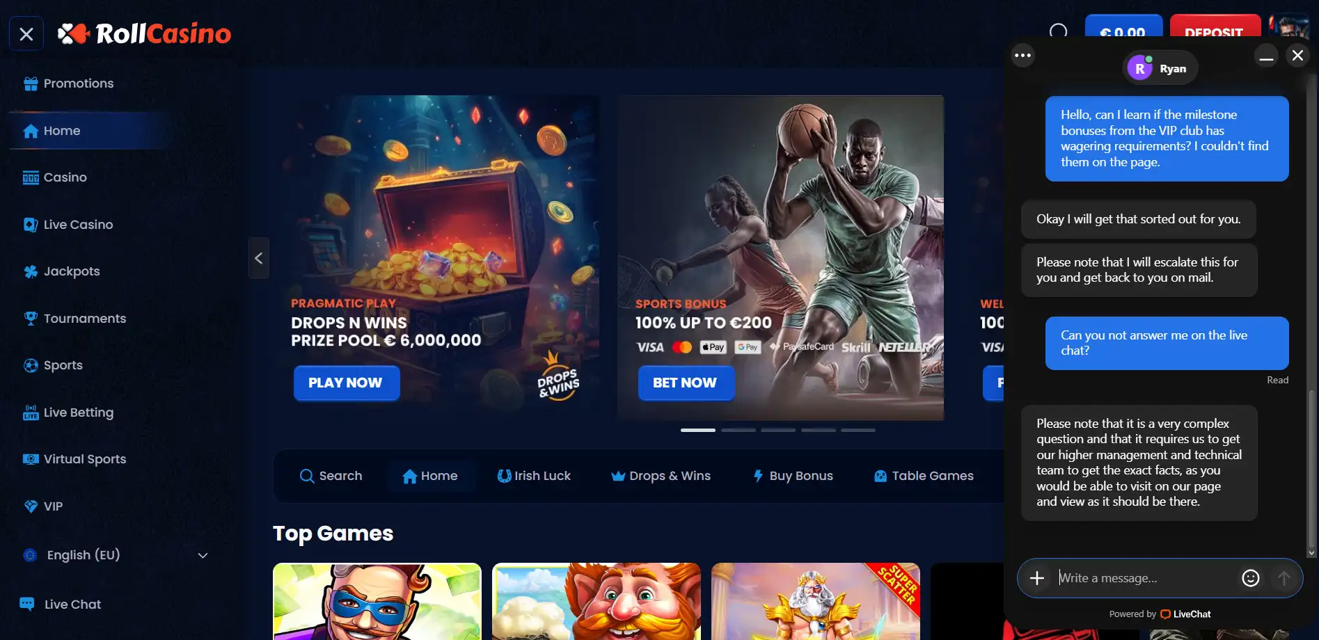 RollCasino live chat conversation