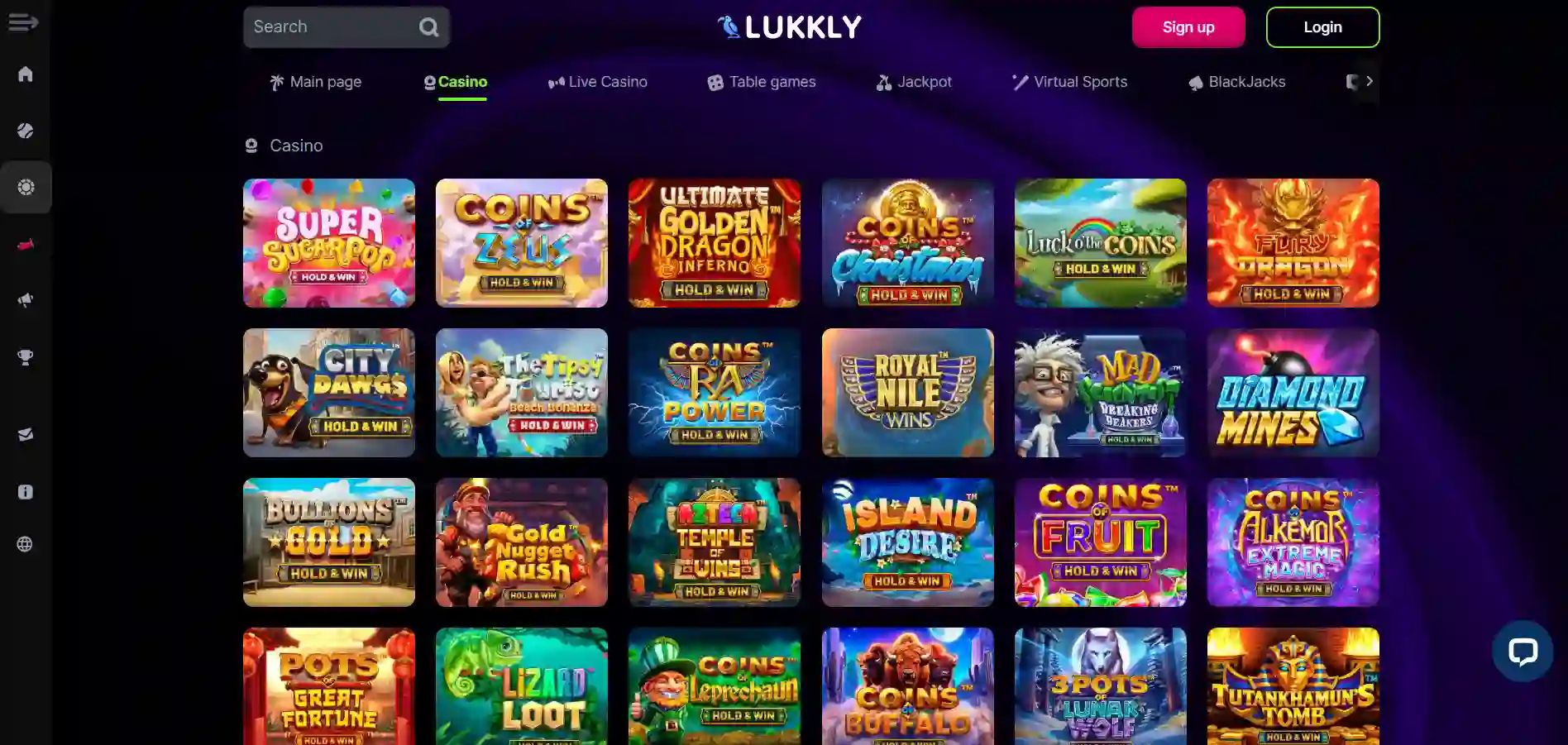 Lukkly Casino’s library is showing games, filtering and menu options against a black background. 