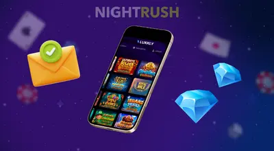 A phone is showing the Lukkly Casino’s games, two gems and an email symbol on a blue background.