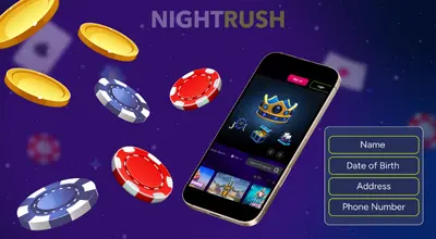 A phone is on the Lukkly Casino’s page, chips and golds, register button on a blue background.