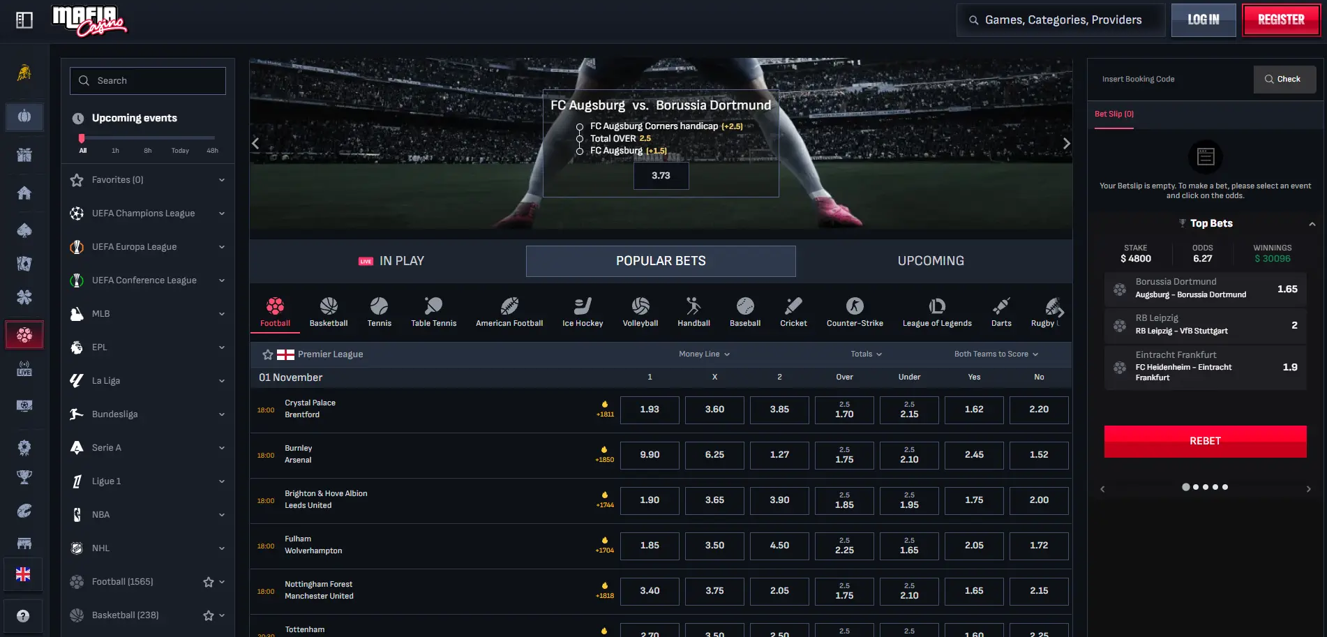 Mafia Casino sports betting page