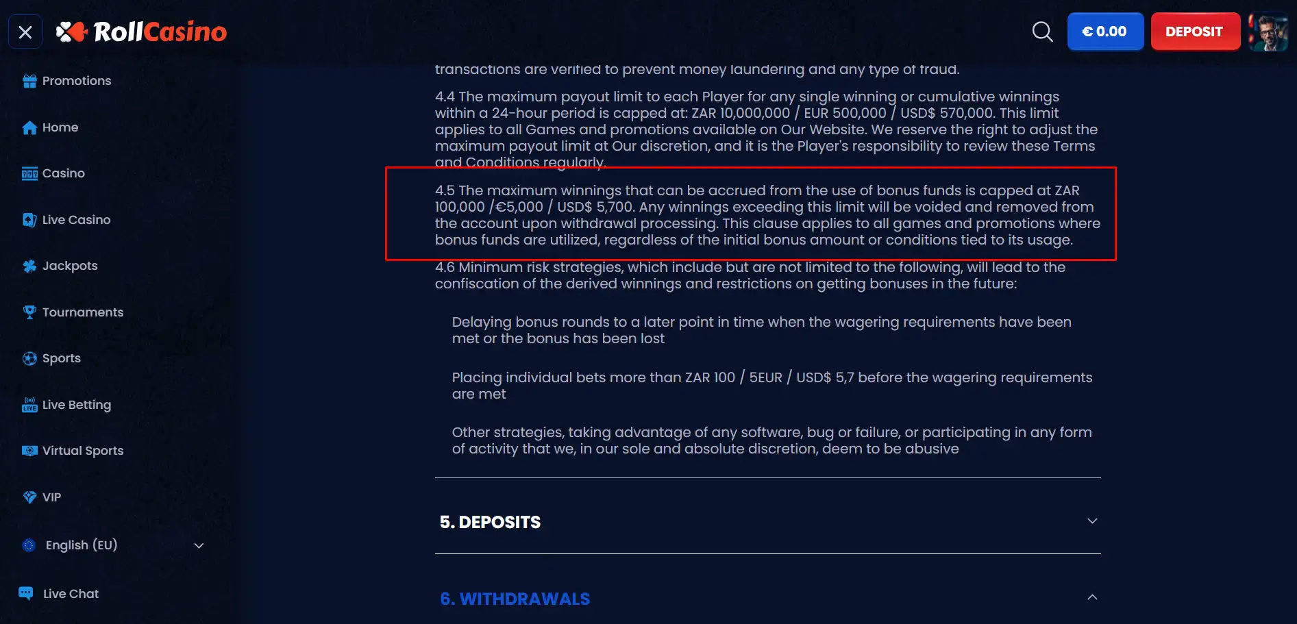 RollCasino terms and conditions