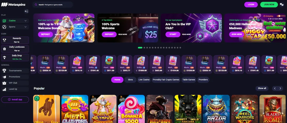 Metaspins games section.