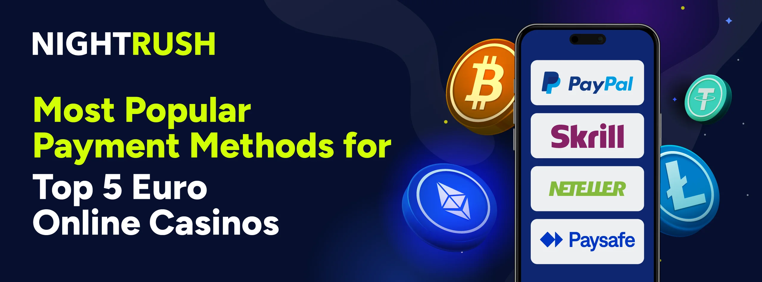 Phone screen displaying Most Popular Payment Methods for online casinos, including PayPal, Skrill, Neteller, and Paysafe.