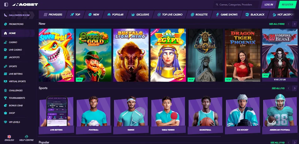 NaoBet Casino homepage with slot games