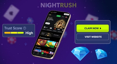 Mobile phone displaying the homepage of Lex Casino with a High Trust Score and a Nightrush logo.