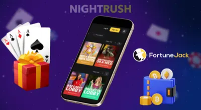 A smartphone is showing the FortuneJack Casino’s game library, the FortuneJack logo, crypto symbols, four playing cards and a gift box, all against a starry blue background.