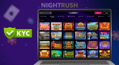 A laptop is showing Lukkly Casino’s games, with a KYC on a blue background.