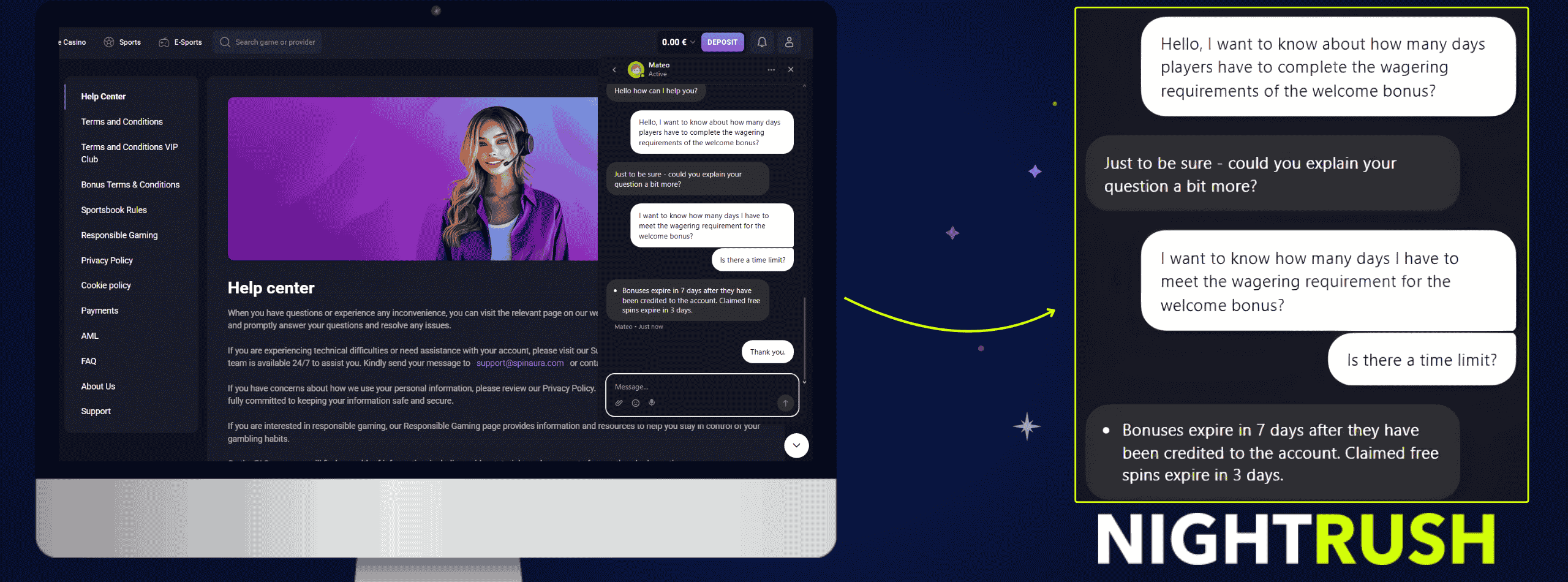 SpinAura live chat conversation