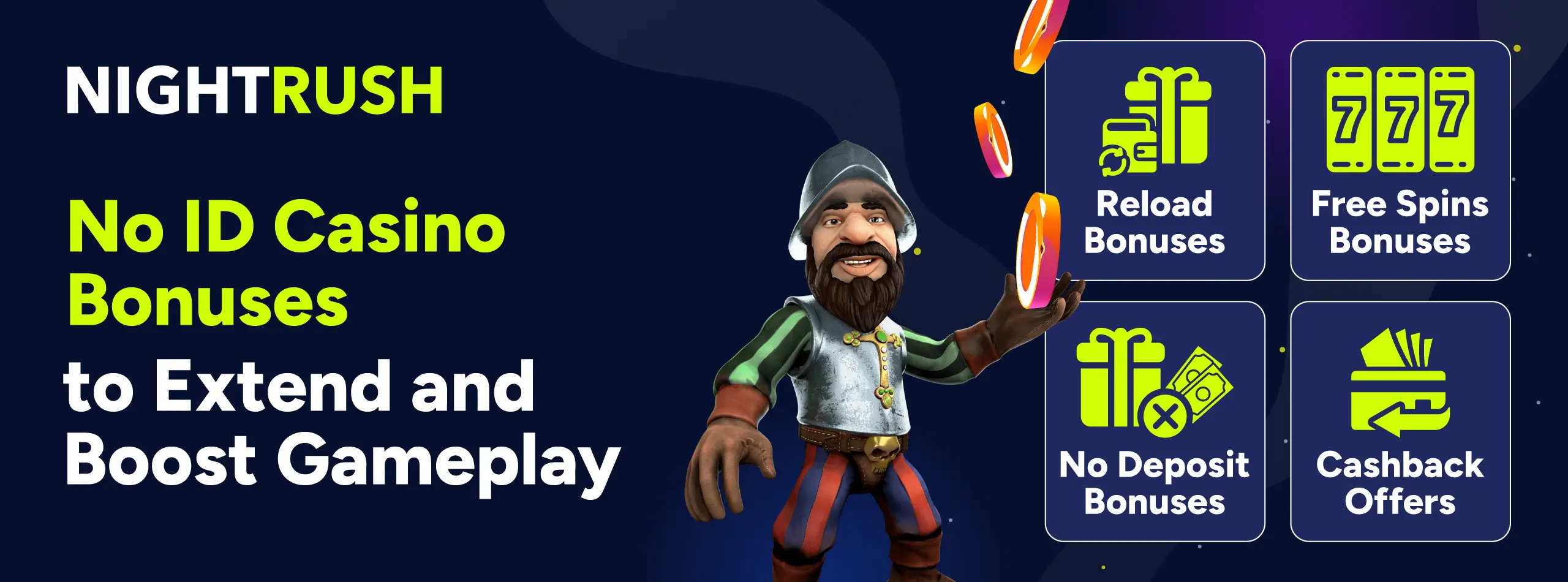Banner with No ID Casino Bonuses including Reload Bonuses, Free Spins Bonuses, No Deposit Bonuses, and Cashback Offers.