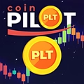 The Coin Pilot game logo is shown with gold PLT coins over a dark stock market candle chart.