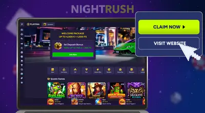 Laptop showing Playfina casino website with visit website and claim now buttons.