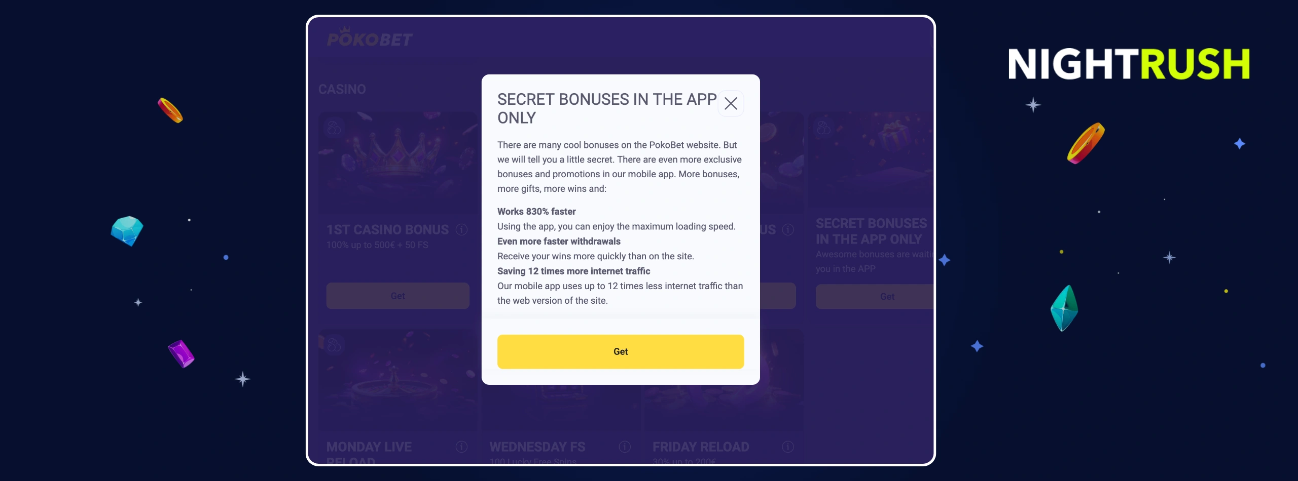 A popup on the Pokobet website promotes bonuses available only in their mobile app.