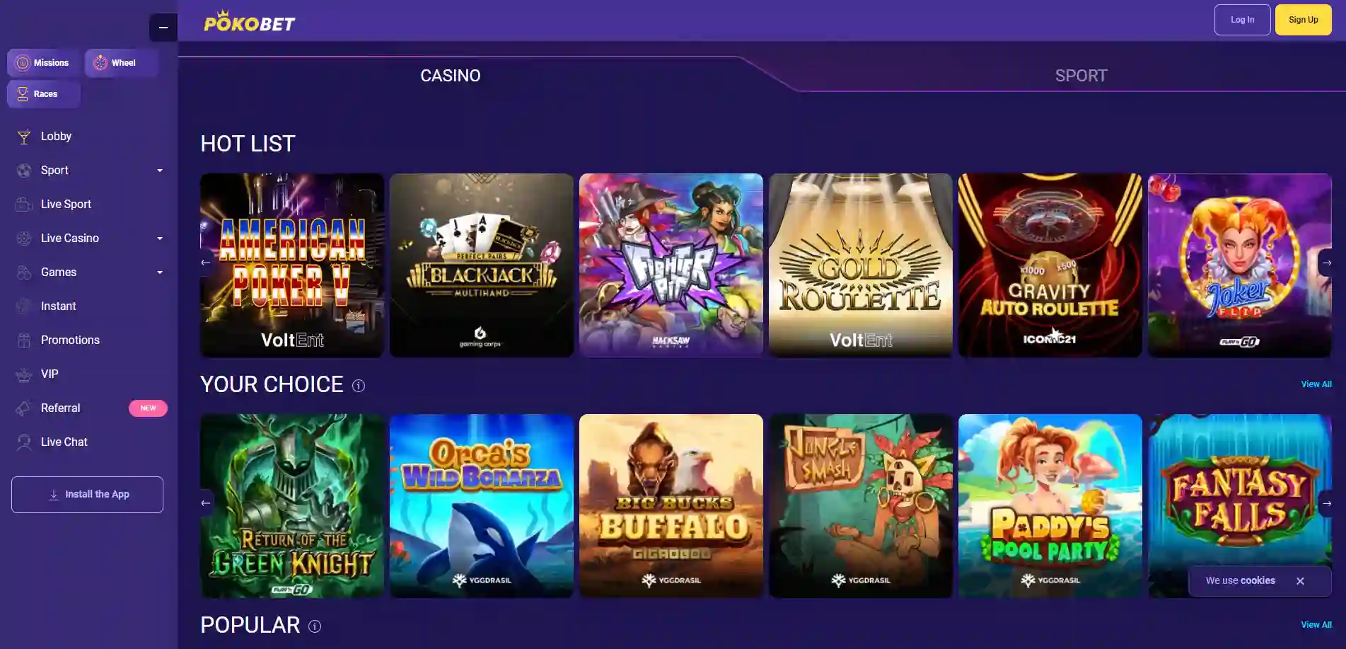PokoBet Casino homepage with trending slot games