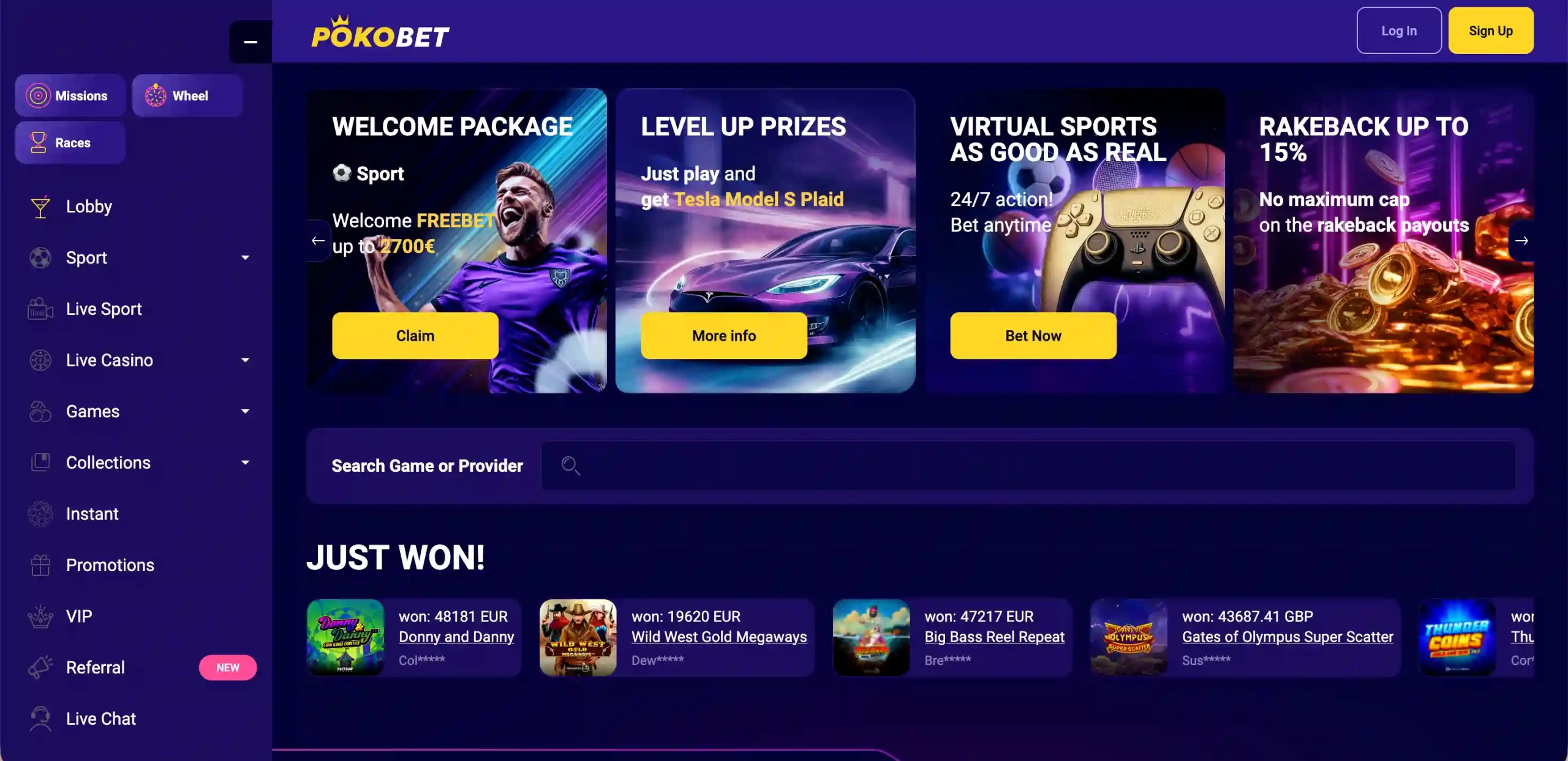 PokoBet Casino homepage.
