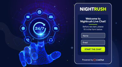 Live chat support page showing a 24/7 assistance form.