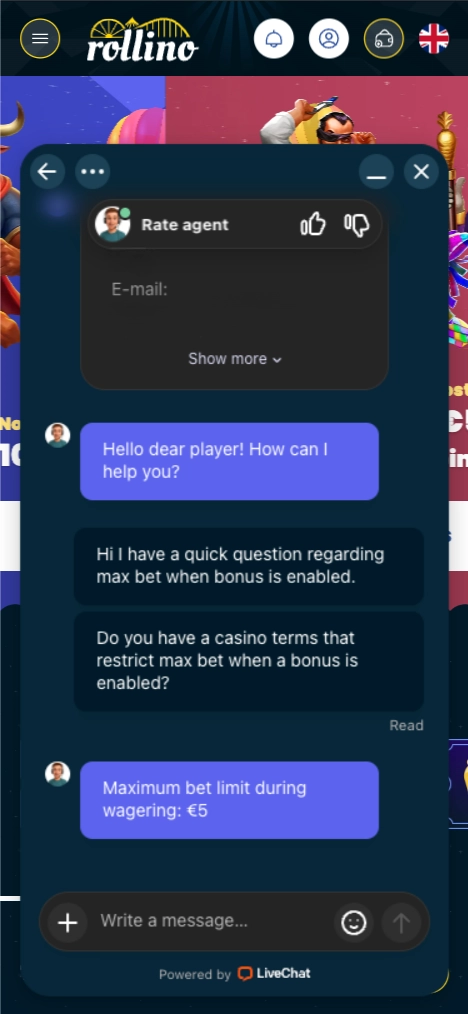 rollino casino mobile live chat screen