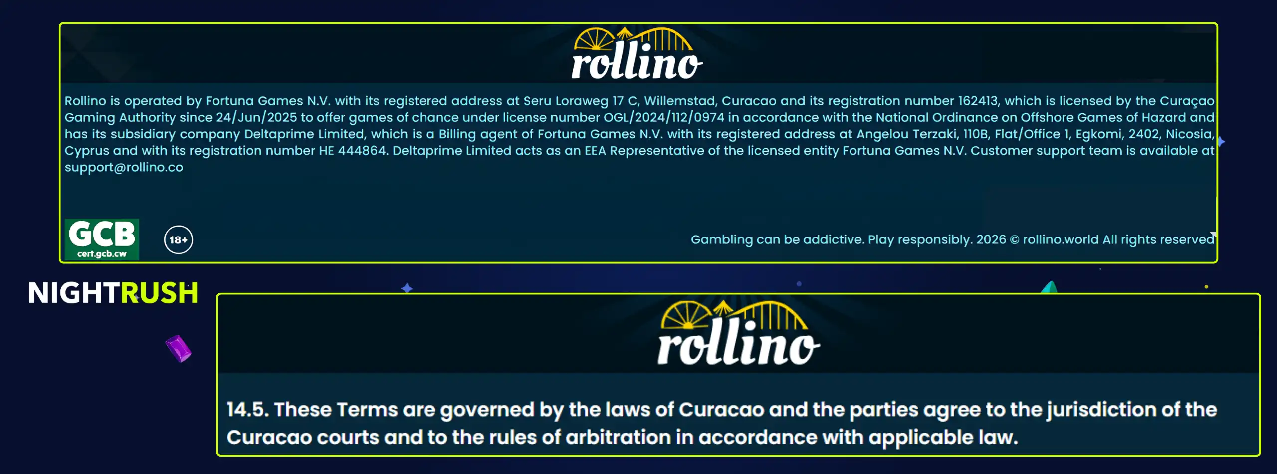 Callout boxes highlight the footer of Rollino and the section of 14.5 on T&Cs.