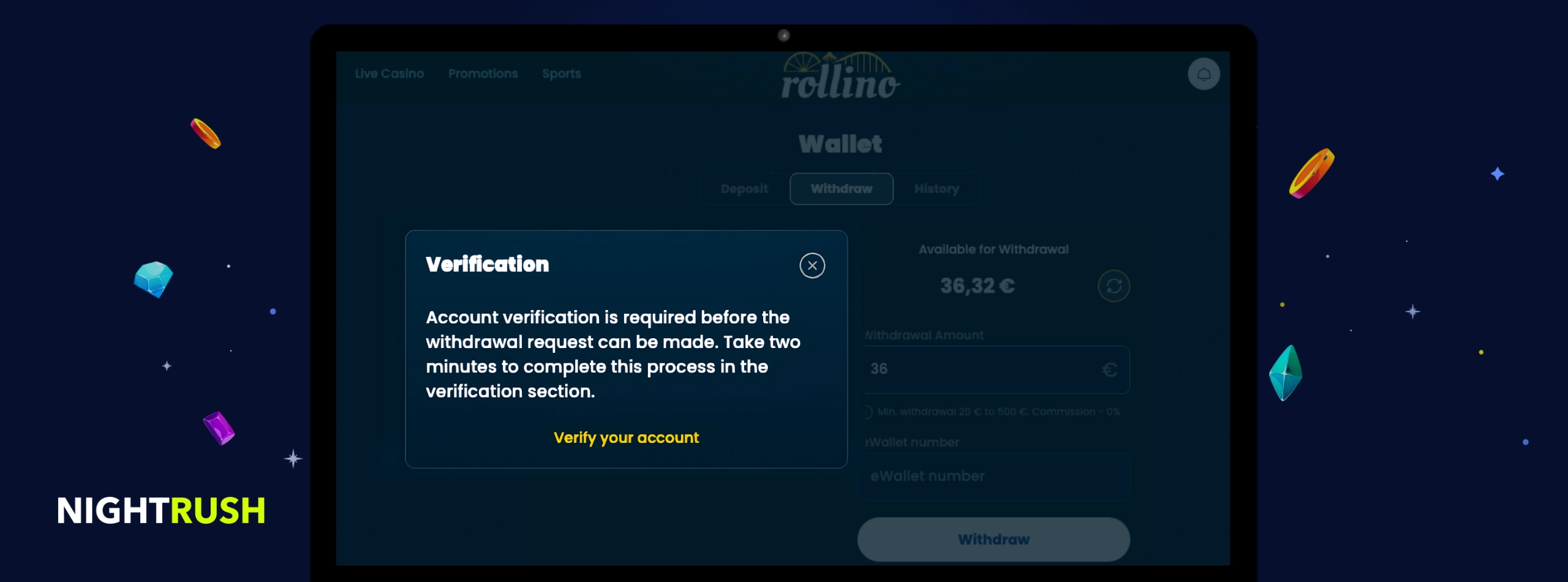 Monitor displaying the withdrawal process with a KYC requesting pop up at Rollino.
