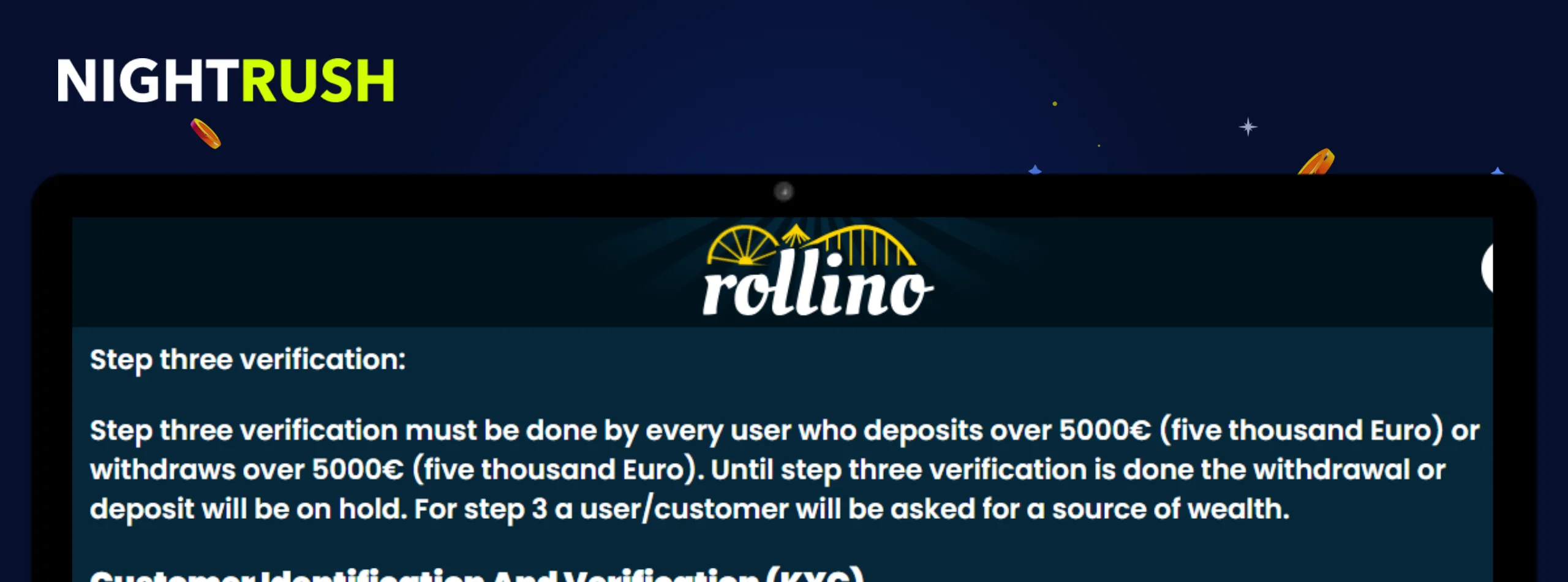 Monitor displays the AML & KYC page for Rollino, highlighting the section of Step 3 Verification.