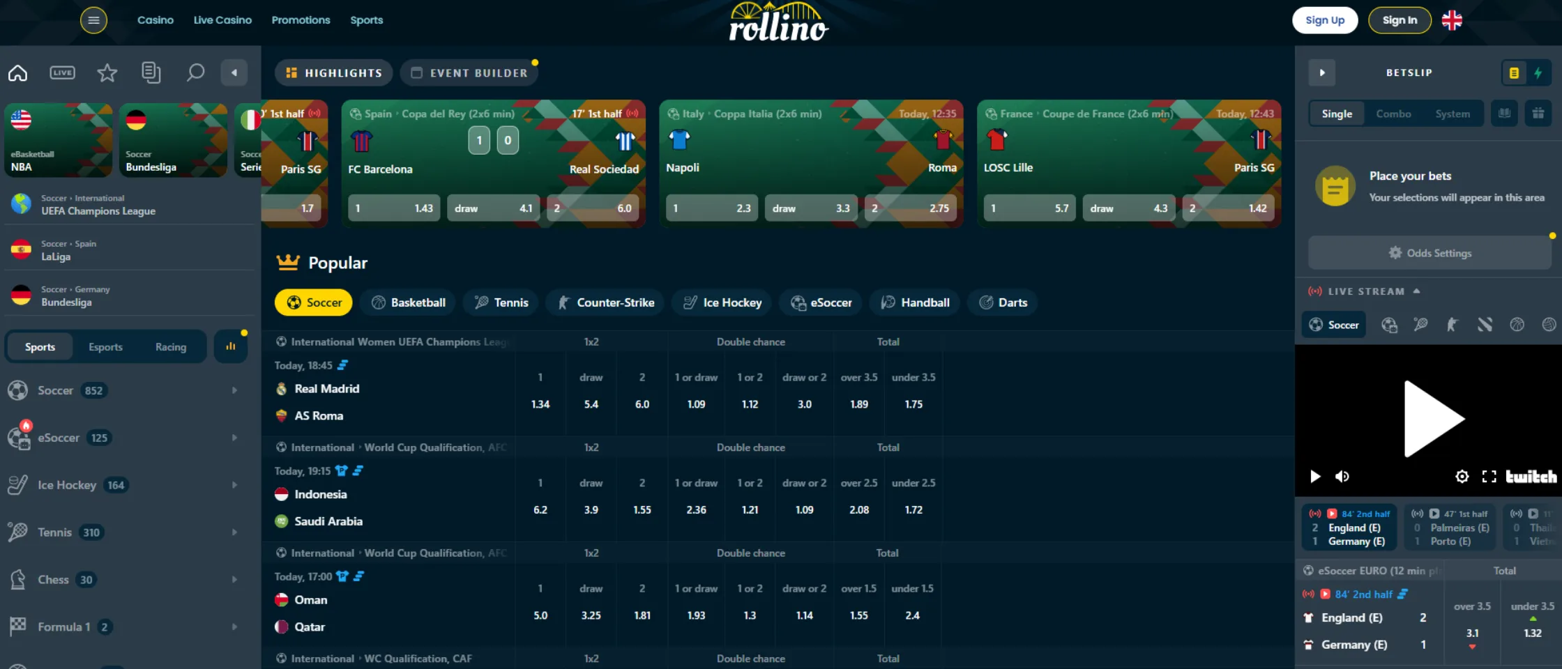 Rollino sportsbook screenshot