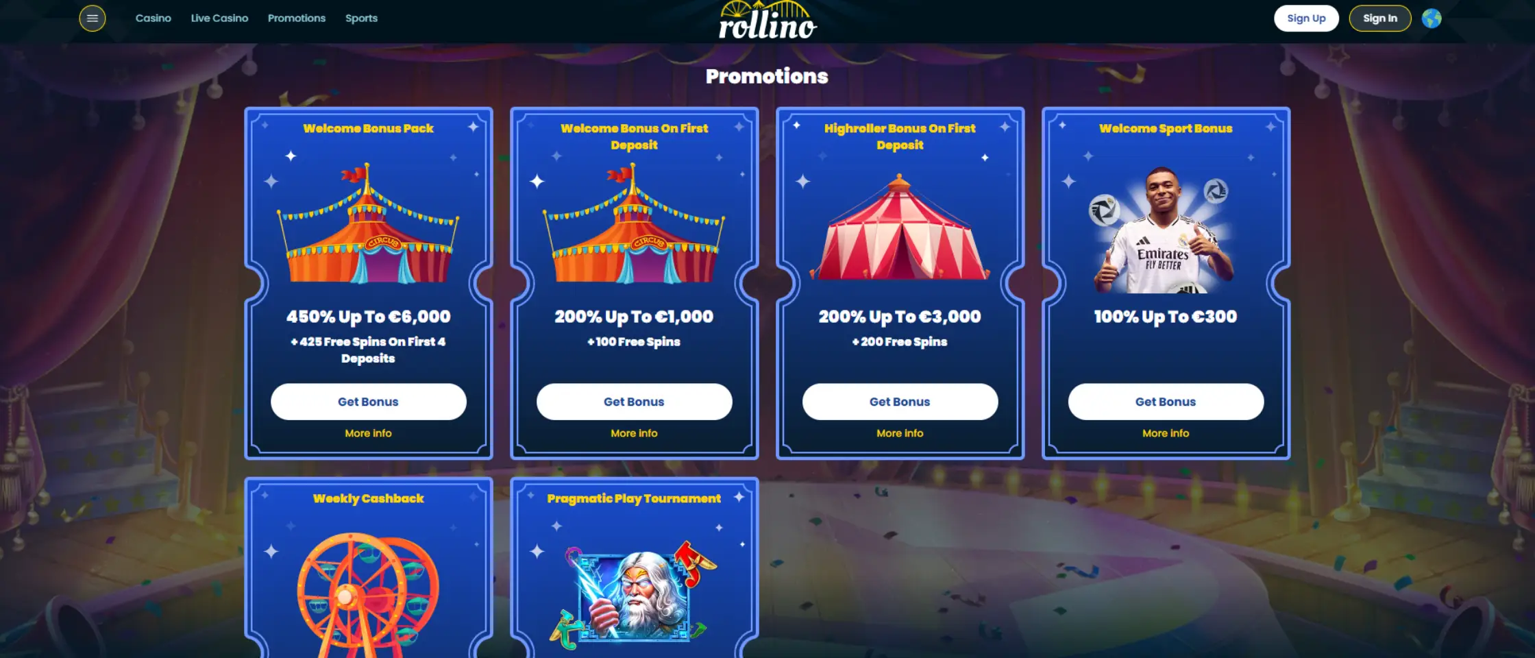 Screenshot of Rollino Casino’s promotions page