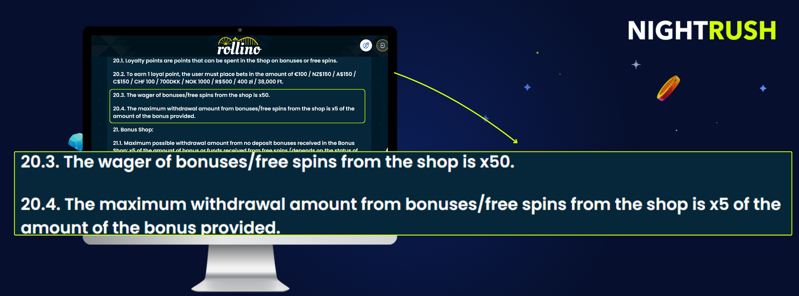 Monitor displaying the bonus terms page for Rollino. A callout box highlights sections 20.3 and 20.4.