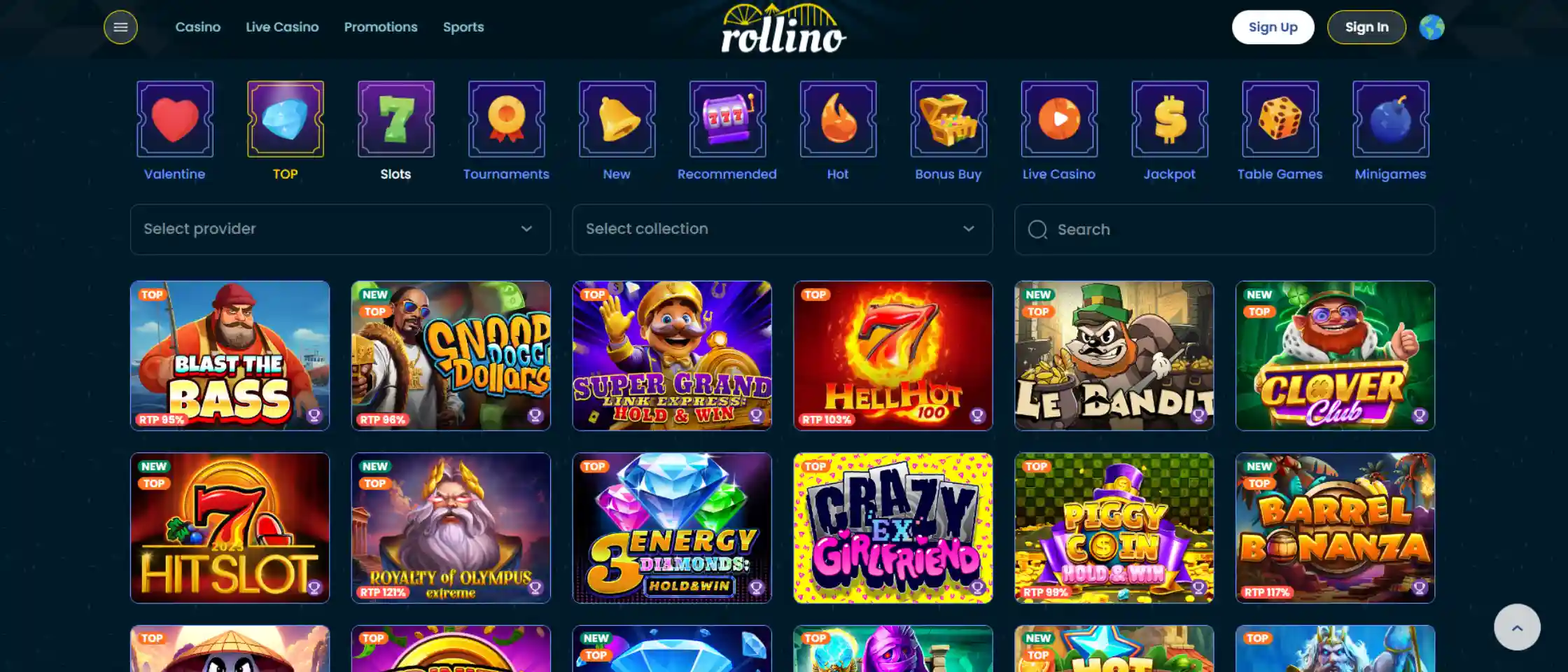 Screenshot of Rollino Casino’s game lobby