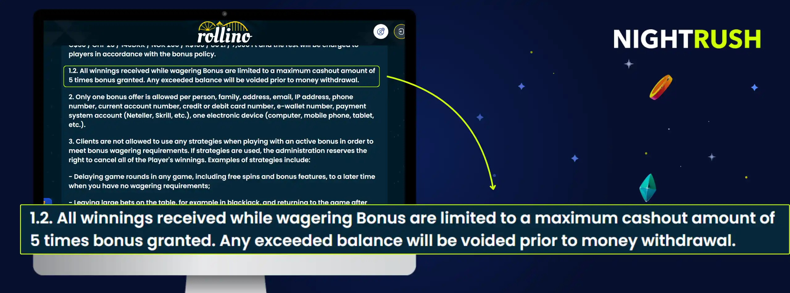 Monitor displaying the bonus terms page for Rollino. A callout box highlights section 1.2.