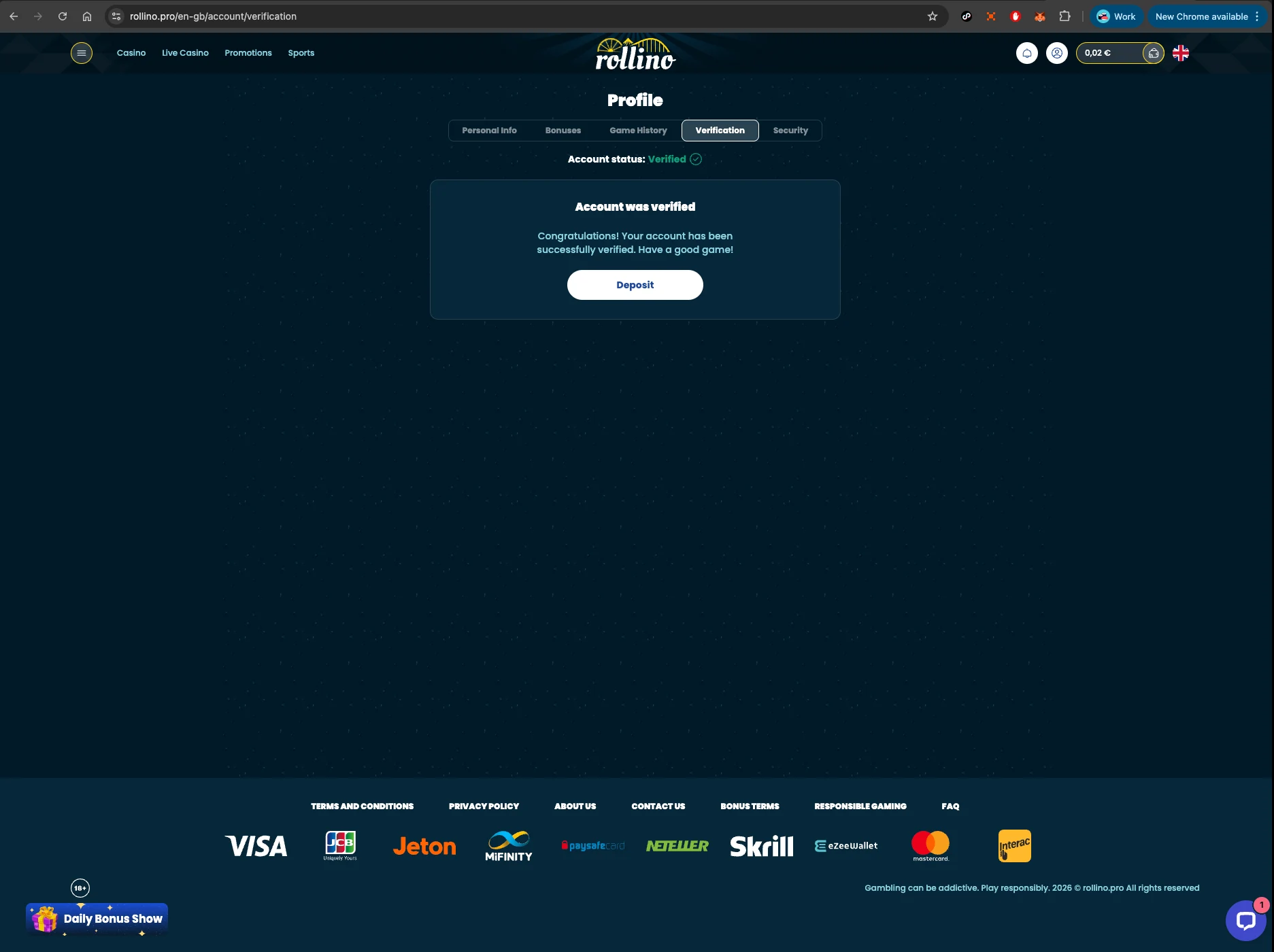 rollino casino account verified screen