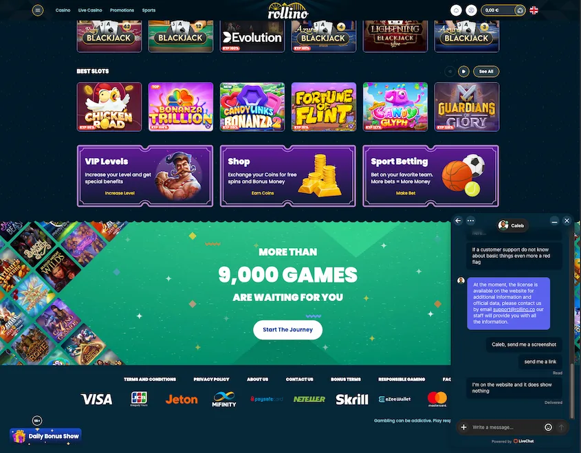 rollino casino live chat screen