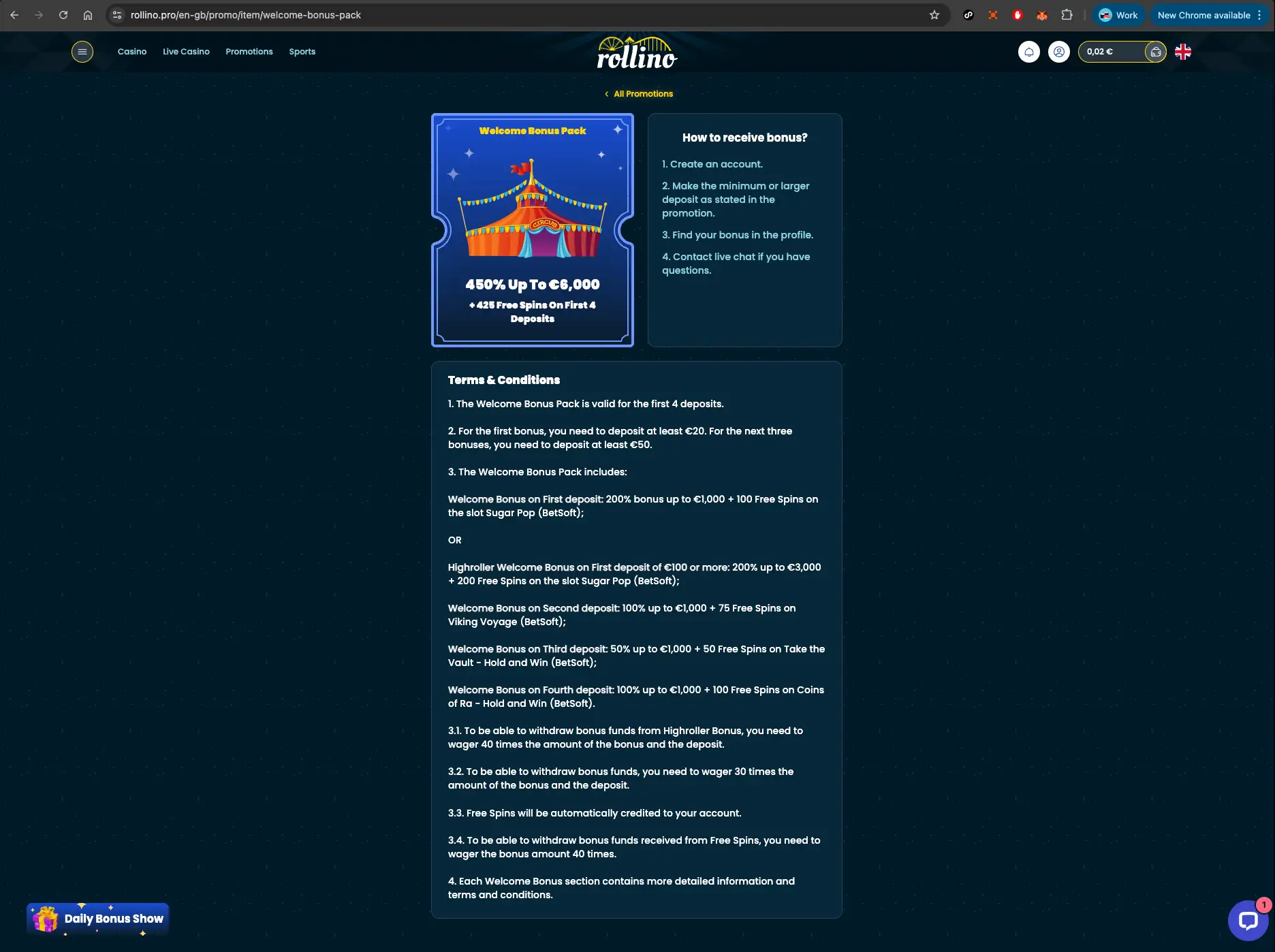rollino casino bonus terms and conditions screen