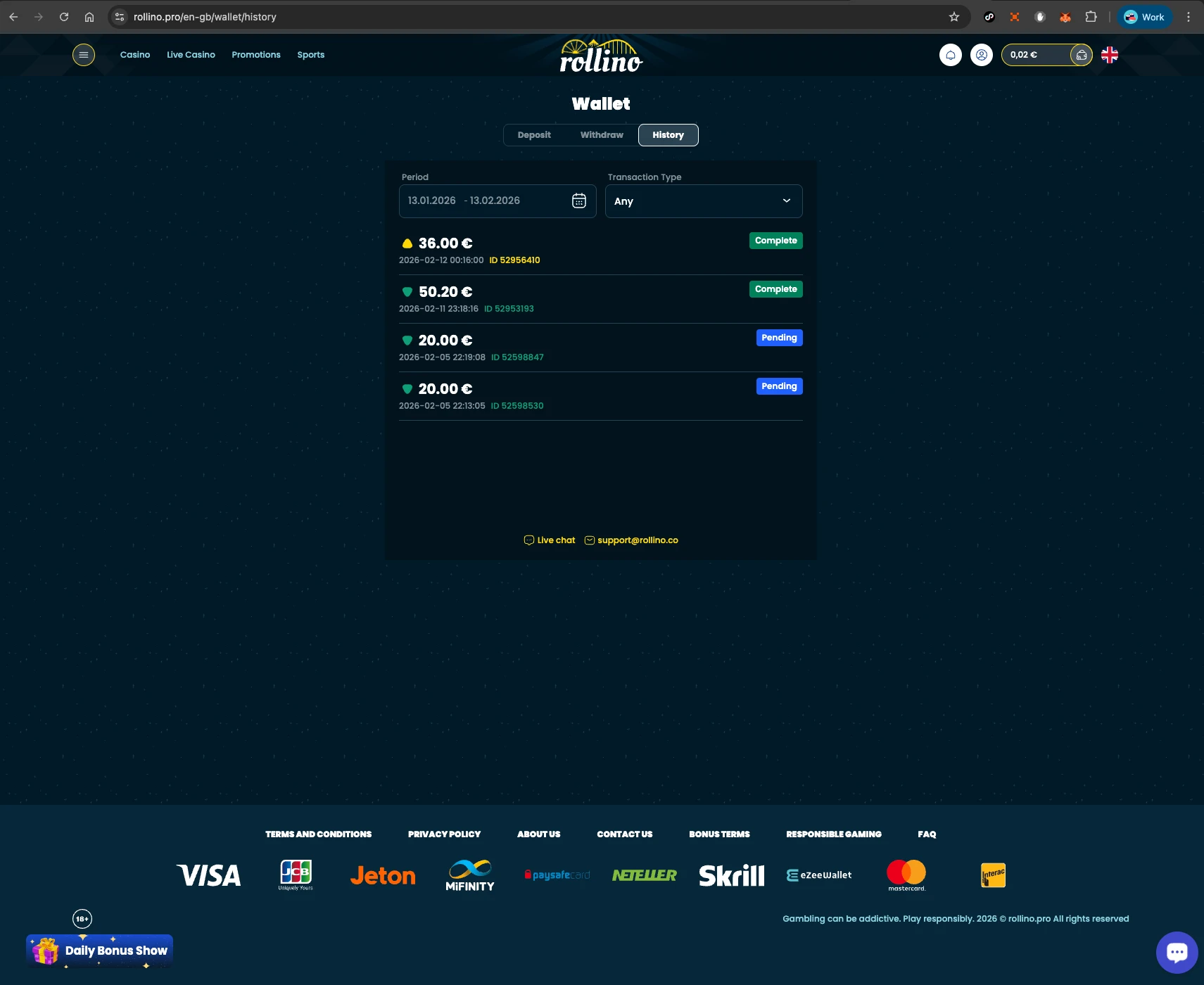 rollino casino transaction history screen