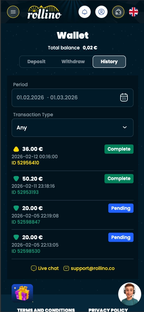 rollino casino mobile transaction history