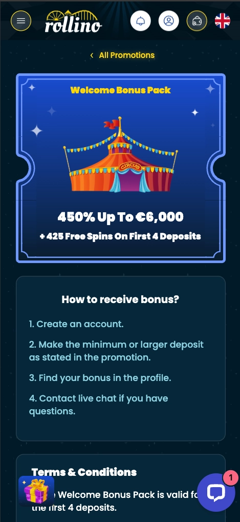 rollino casino mobile bonus terms screen