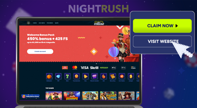 Laptop showing Rollino website with visit website and claim now buttons.