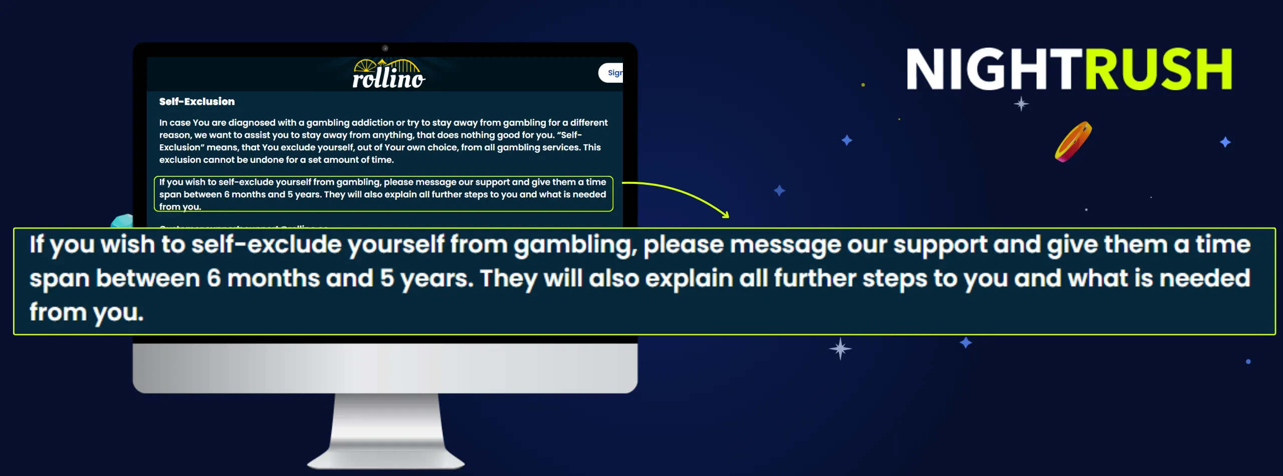 Monitor displaying the Responsible Gaming page for Rollino. A callout box highlights sections about self-exclusion.