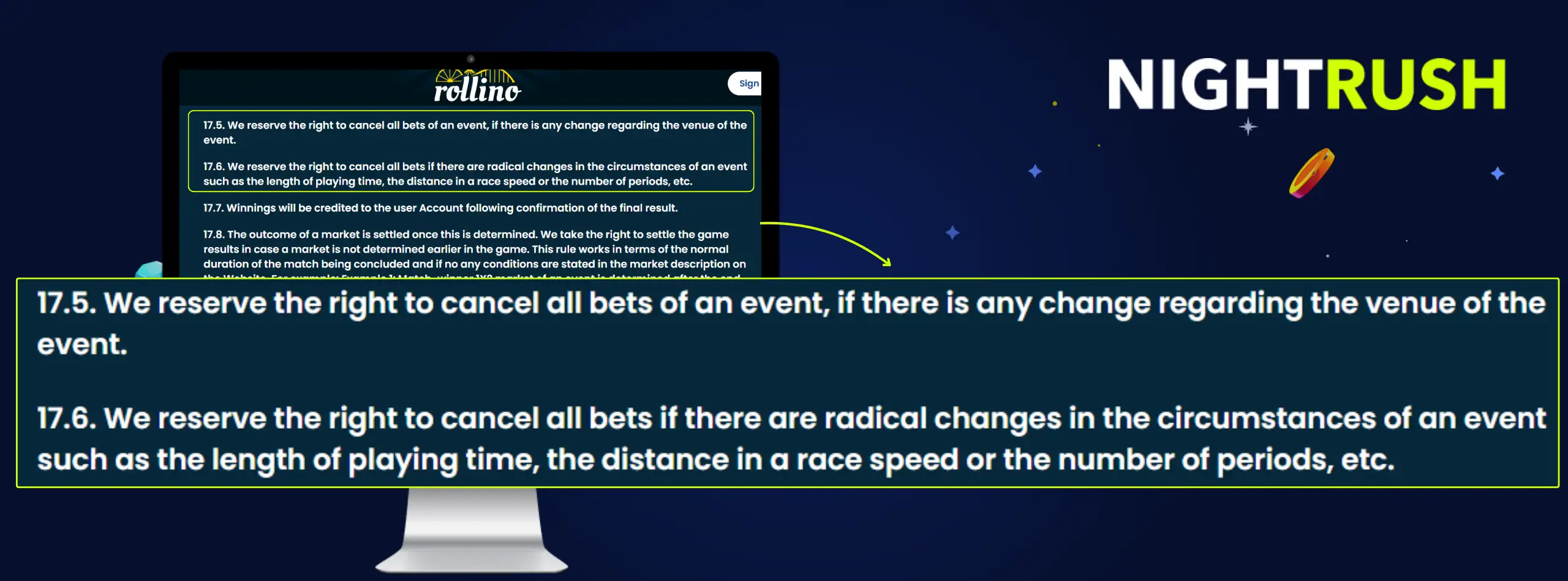 Monitor displaying the T&C page for Rollino. A callout box highlights sections 17.5 and 17.6.