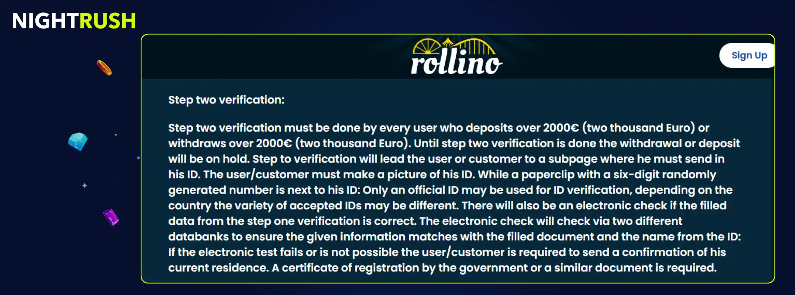 A callout box highlights section about Step Two Verification on Rollino.